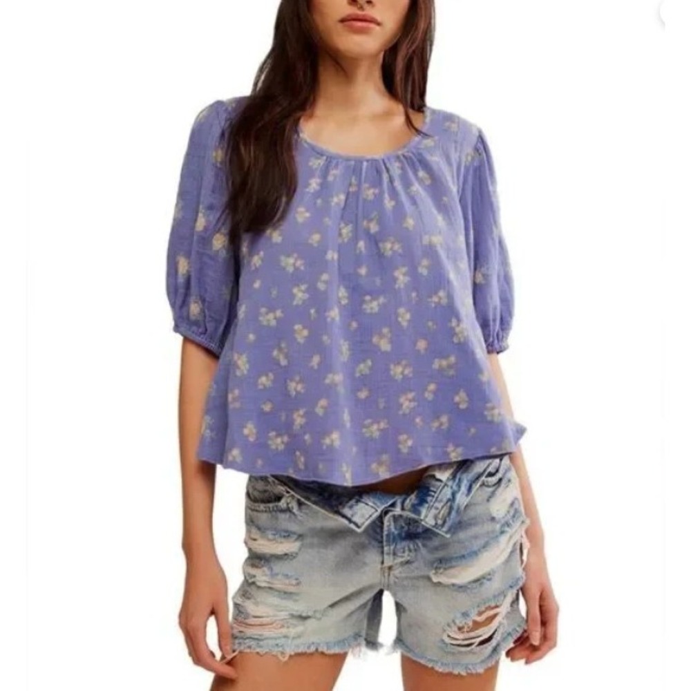 Free People Chloe Floral Print Indigo Combo Open Back Top Medum Boho Flowy NWT